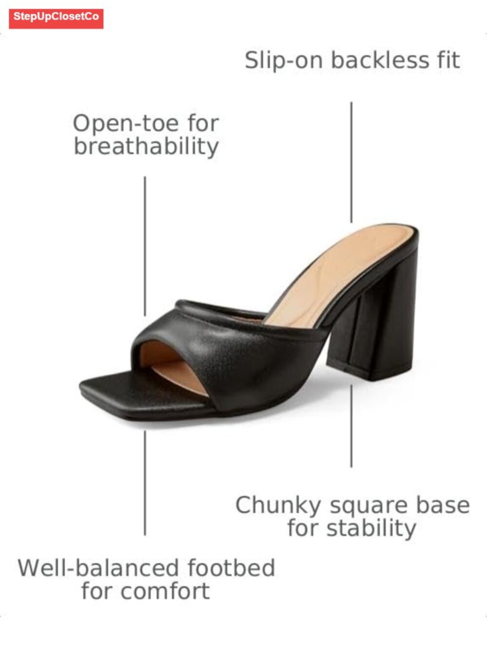Faux Leather Square Toe Chunky Heel Mules - Picture 2 of 6